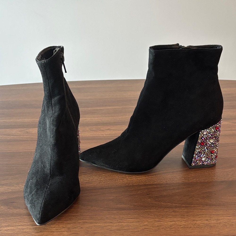Betsey Johnson Black Heeled Boots with Multicolor Embellishments